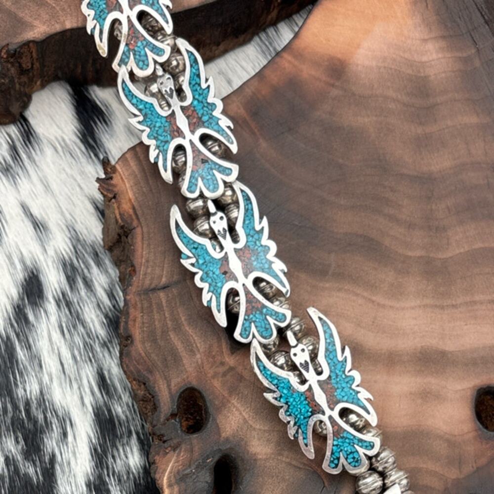 1970s NAVAJO Sterling Silver Turquoise & Coral Chip Inlay Peyote Bird Necklace - Picture 3 of 6